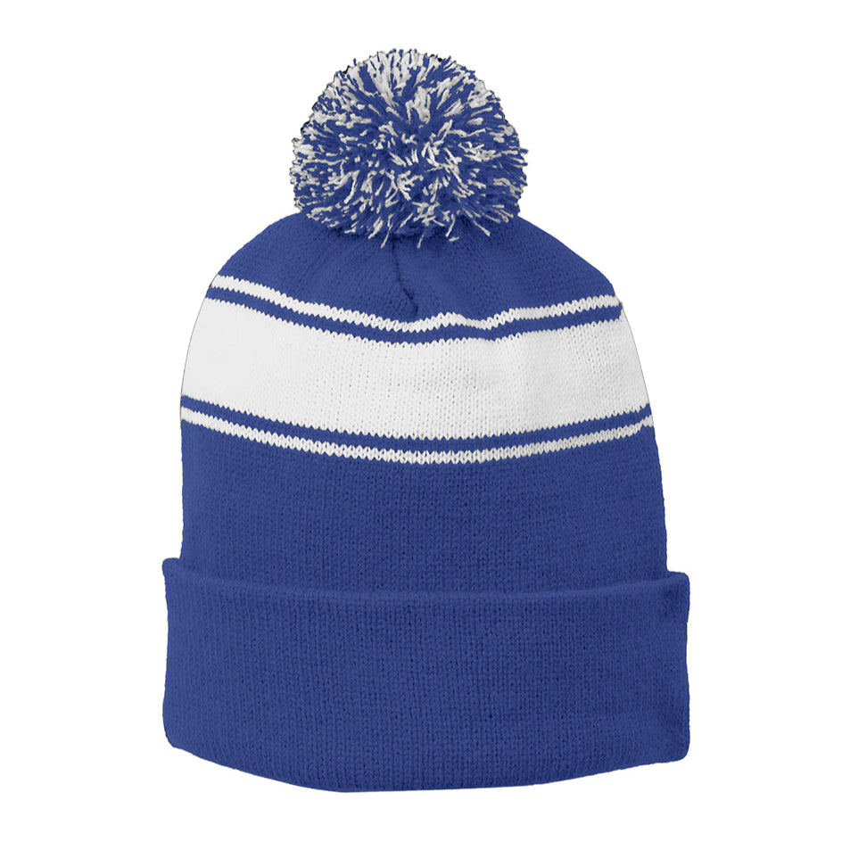 Royal & White Stripe Pom Beanie