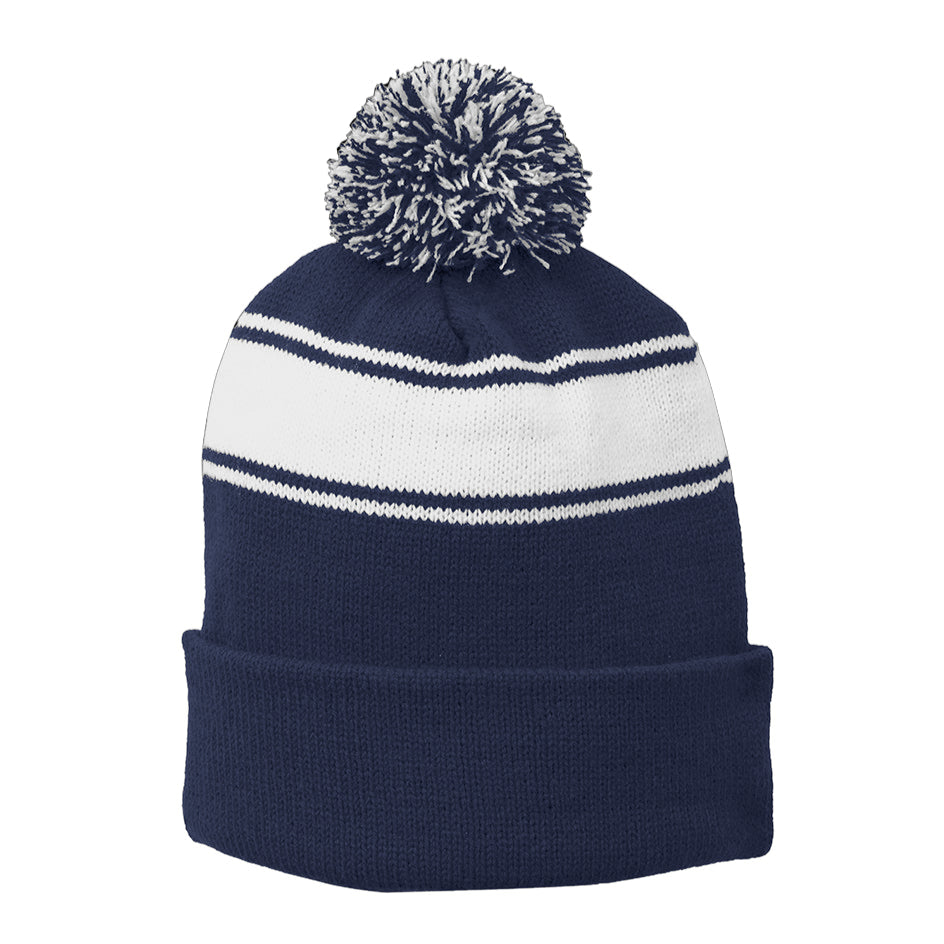 Navy Striped Pom Beanie