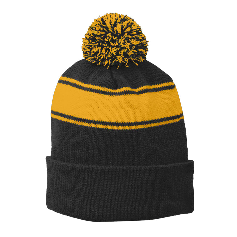 Black & Gold Stripe Pom Beanie