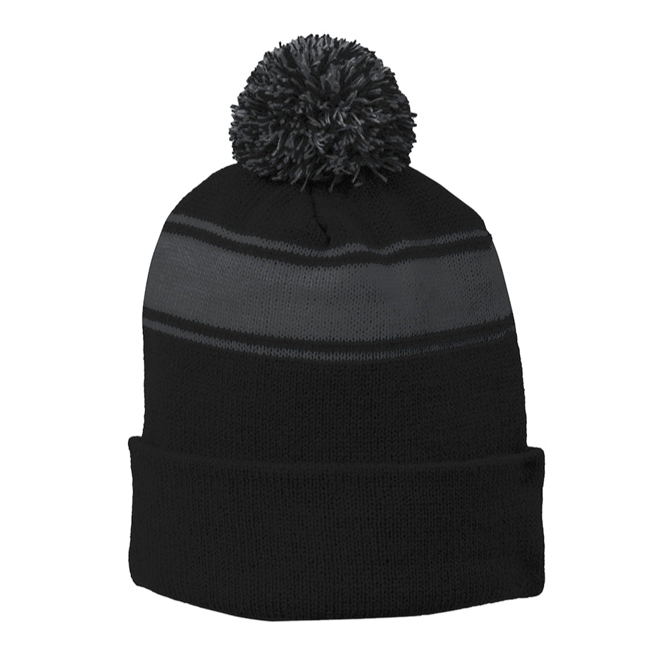 Black & Grey Stripe Pom Beanie