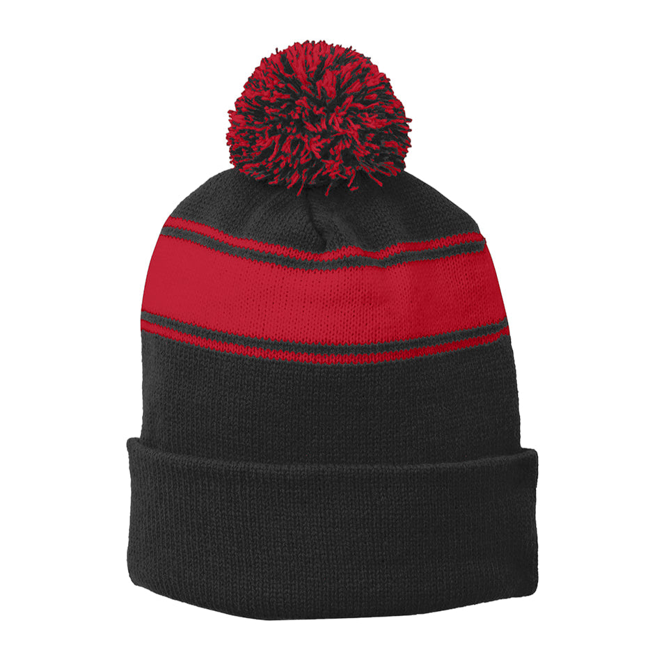 Black & Grey Stripe Pom Beanie