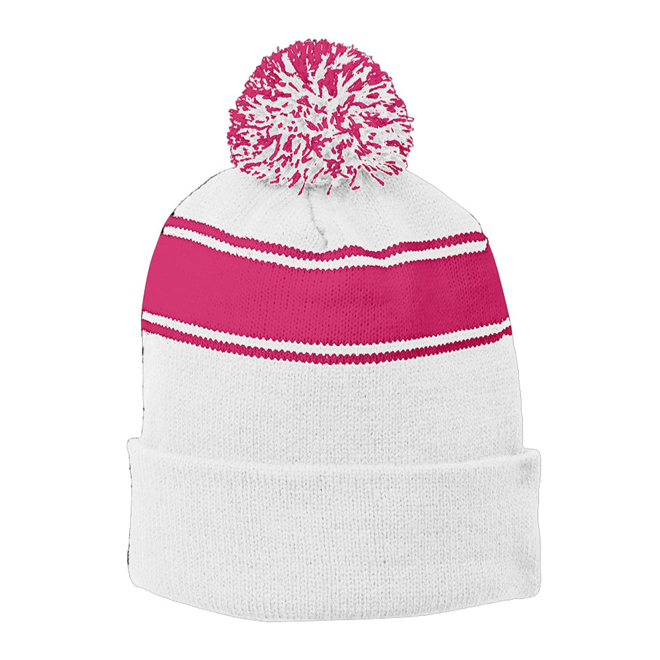 White & Pink Stripe Pom Beanie